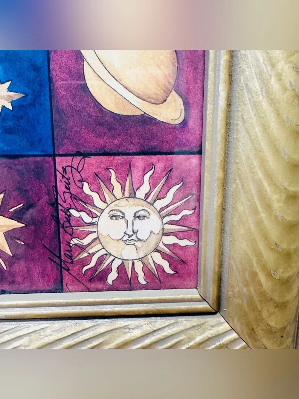 Rare Vintage 90s Mary Beth Zeitz Celestial Moon & Stars Framed Art 14.5 X 14.5